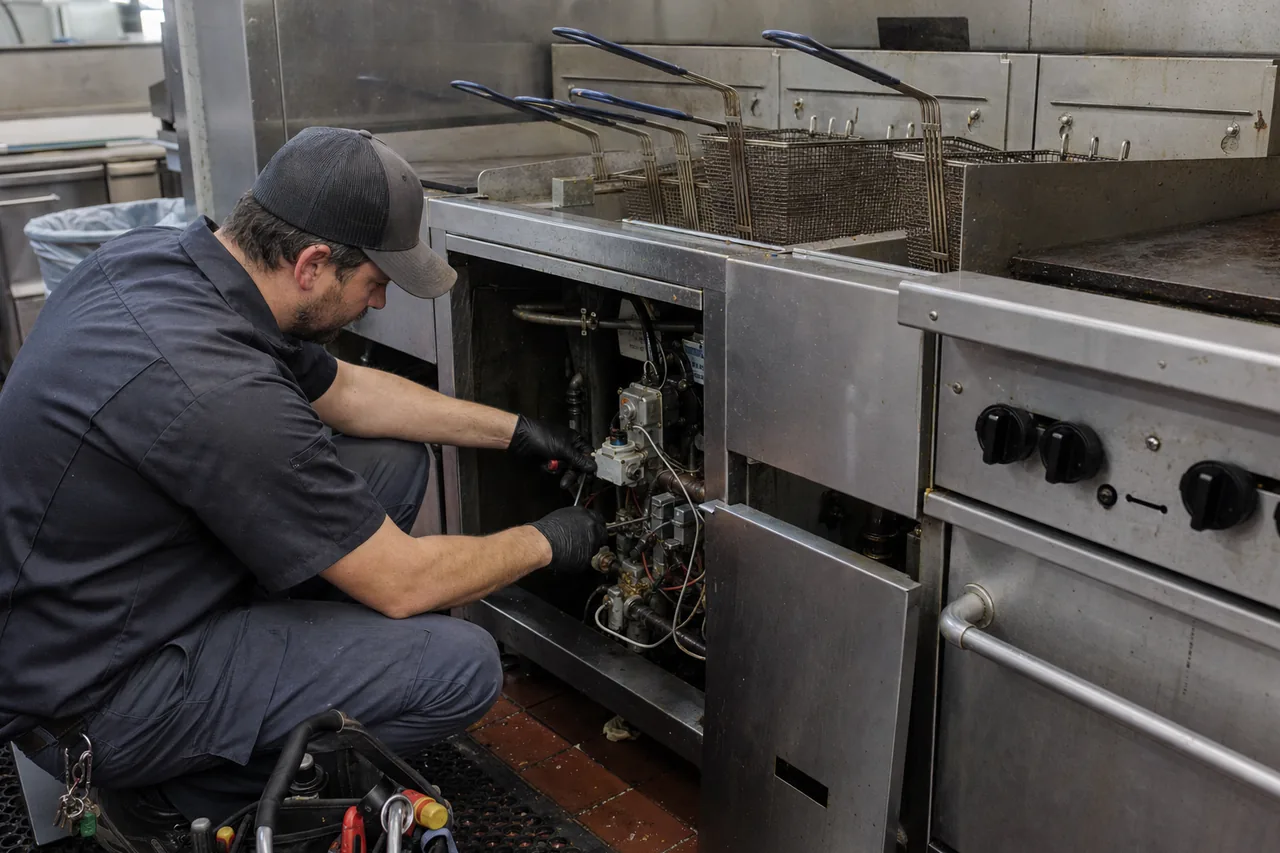 Technician servicing a commercial fryer and range line