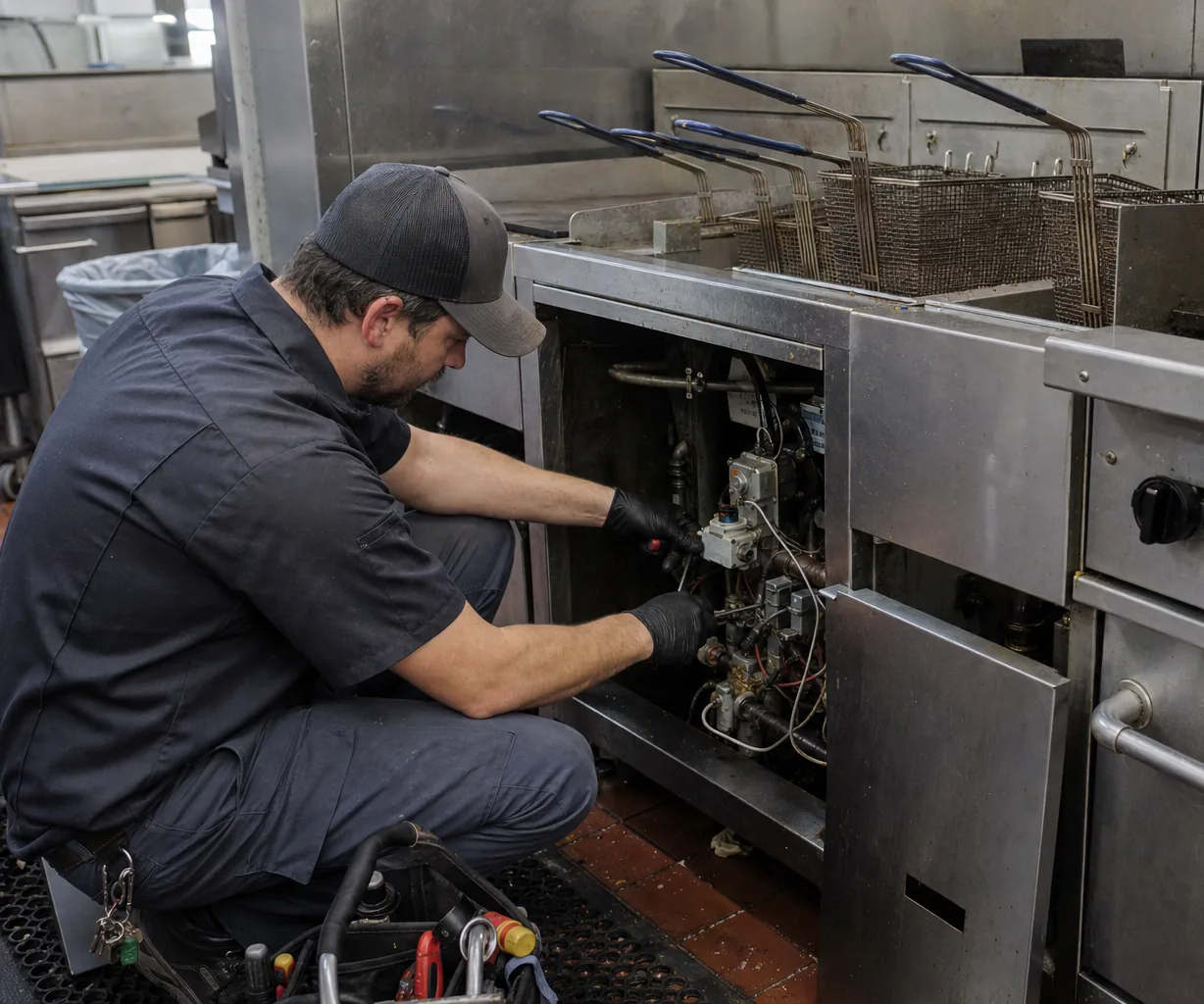 Technician servicing a commercial fryer and range line in a Bergen County kitchen