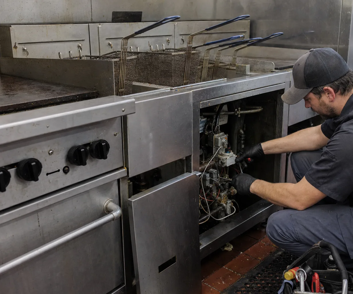 Technician servicing a commercial fryer and range line
