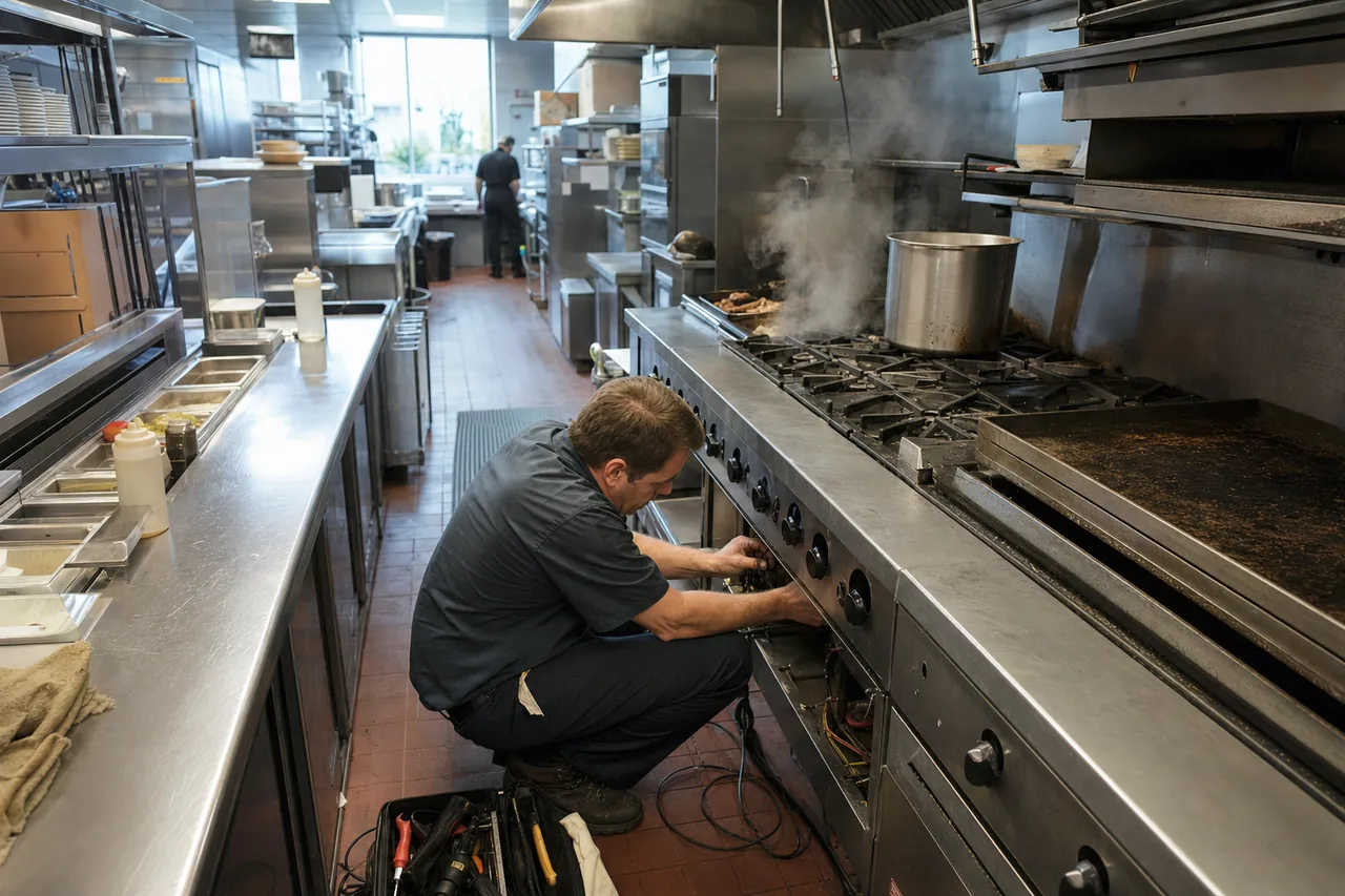 A stainless commercial kitchen line during service