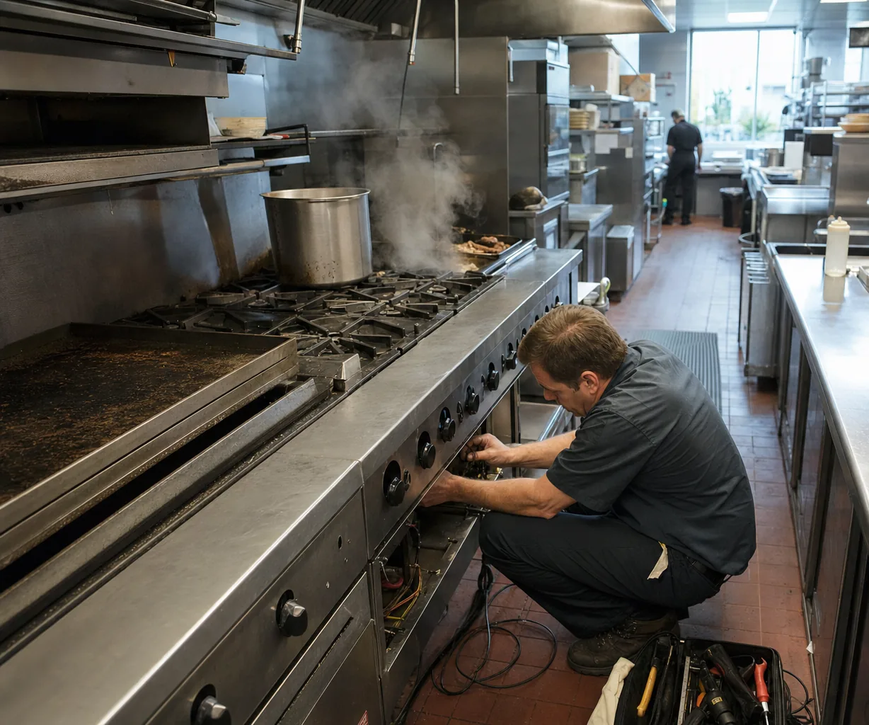 A stainless commercial kitchen line during service