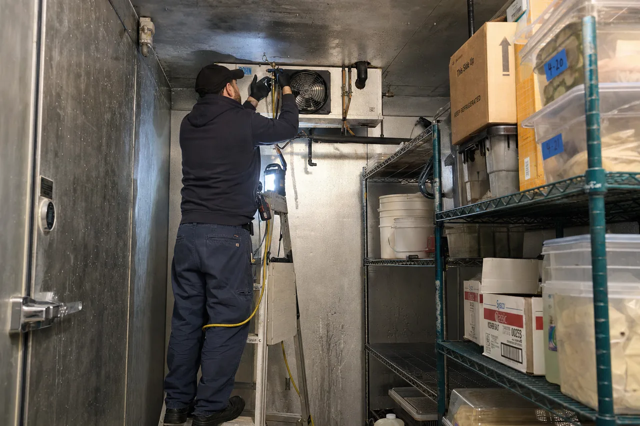 Technician servicing a walk-in cooler in a Bergen County kitchen